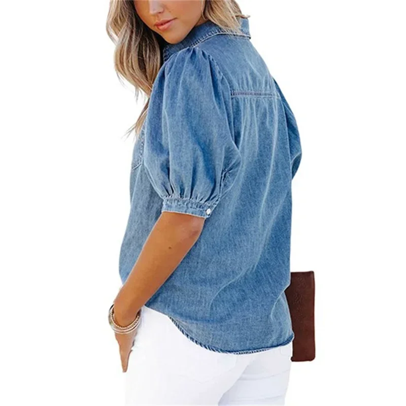 Summer Thin Princess Sleeve Denim Shirt Women Bust Splice Pocket Single-breasted Cardigan Blouse New Casual Female Commuter Tops