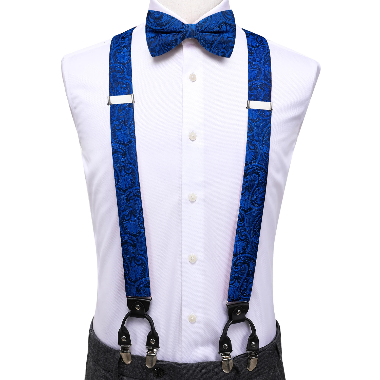 Hi-Tie Paisley Royal Blue Silk Men Suspender Bowtie Hanky Cufflink Adjustable Clip On Brace for Male Wedding Business Wholesale