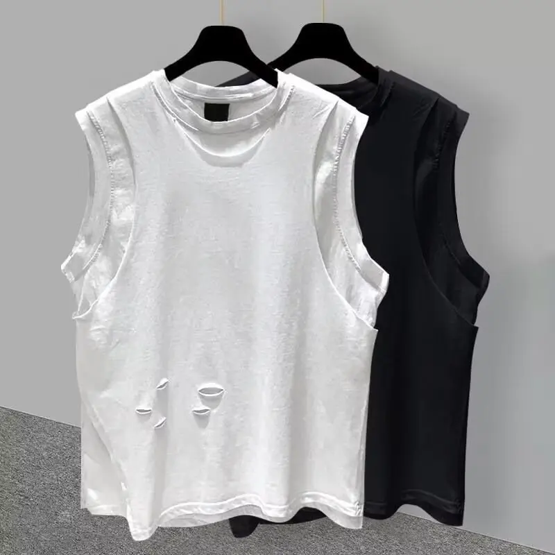 Men\'s Clothing Sleeveless T-shirt Summer Loose Men Tank Top Leisure Solid Hole Priming Shirt Round Neck Fitness Running Men Tops