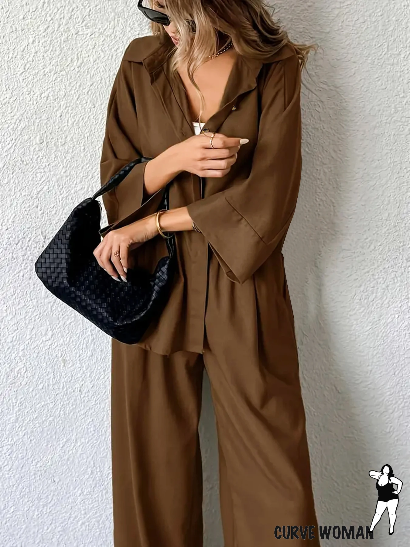 

Костюм большого размера, однотонный кардиган, топ с длинными рукавами и лацканами, свободные брюки с эластичной резинкой на талии, элегантный сер для профессиональных поездок на работу