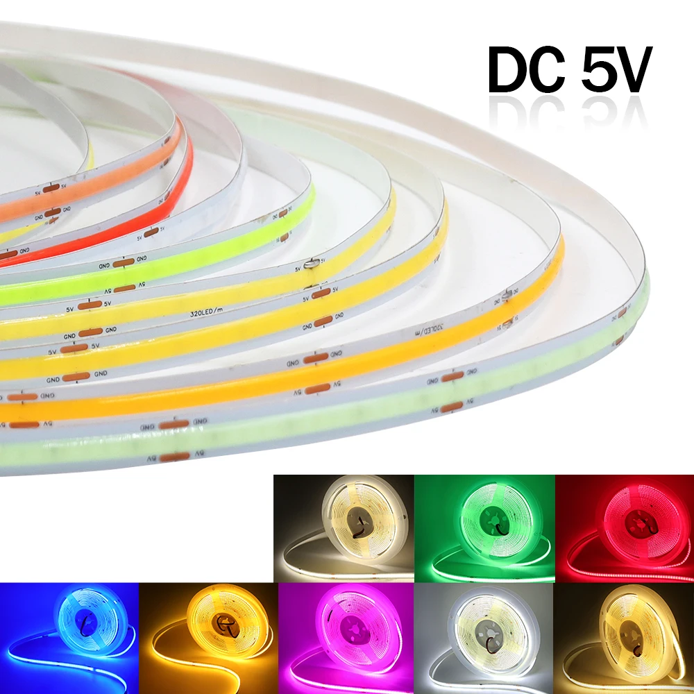 5V 12V 24V LED COB Strip Light With 2pin Wire 320LED/m High Density Linear Lighting RA 90 Flexible Tape Lamp Home Decor For Room