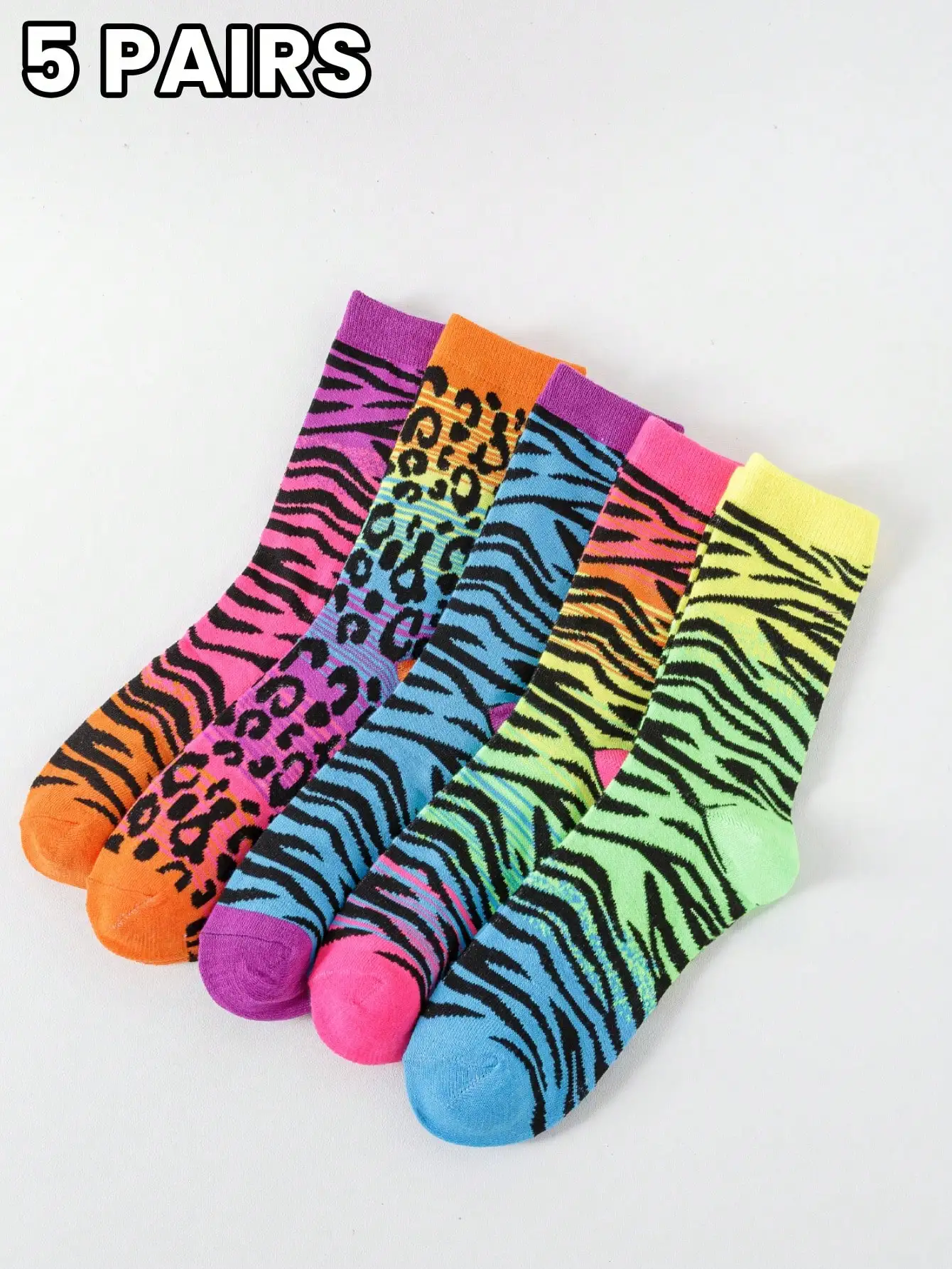 5 pairs/sets of women's four seasons fashion leopard-print color mid-tube socks