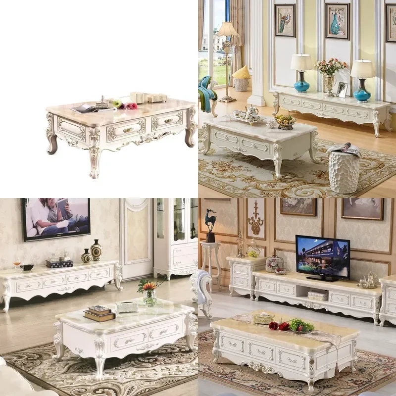 for European Marble Coffee Table and TV Cabinet Set Ivory White Floor Cabinet French Style Living Room Furniture Tea Table