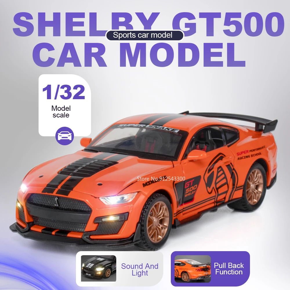 

1:32 Shelby GT500 Cobra Car Model Toy Sound Light Front Wheel Steer Cars Doors Opened Pull Back Models Livingroom Decorations