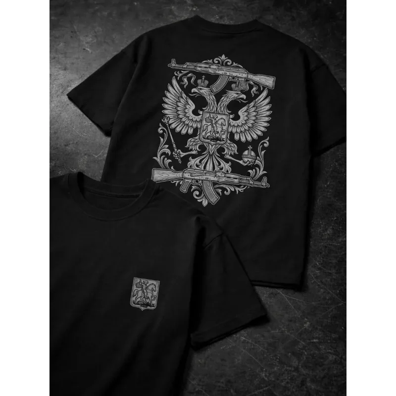 Unisex T-Shirt mit Retro-Doppeladlersymbol-Druck auf Vorder- und Rückseite, Baumwolle, Kurzarm, Casual Streetwear Oberteil – Detail 6