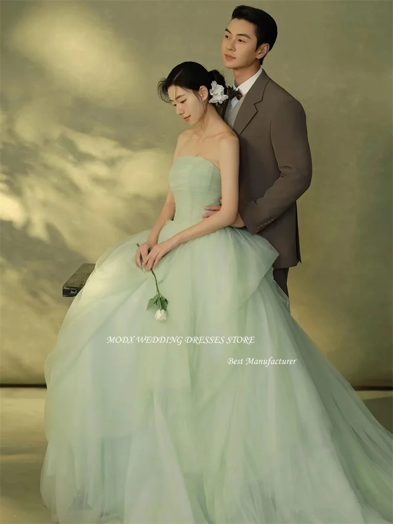 MODX Fairy Light Green Tulle Wedding Dresses Korea Photoshoot Strapless Tiered Garden Bridal Gowns Corset Back Evening Party