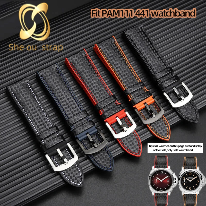 20mm 22mm 24mm Carbon Fiber Leather Rubber Sole Watch Strap For Panerai LUMINOR  PAM111 441 Silicone Watchband