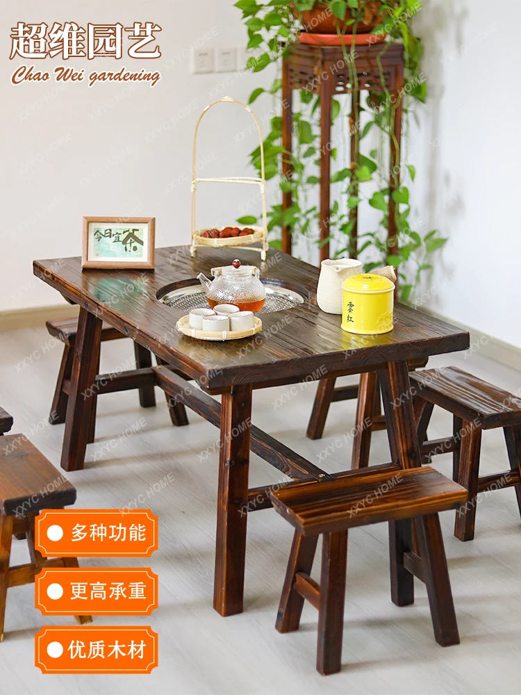 Tea Table and Chair Charcoal Stove Bed & Breakfast Home Courtyard Solid Wood Indoor Hot Pot Leisure Barbecue Table