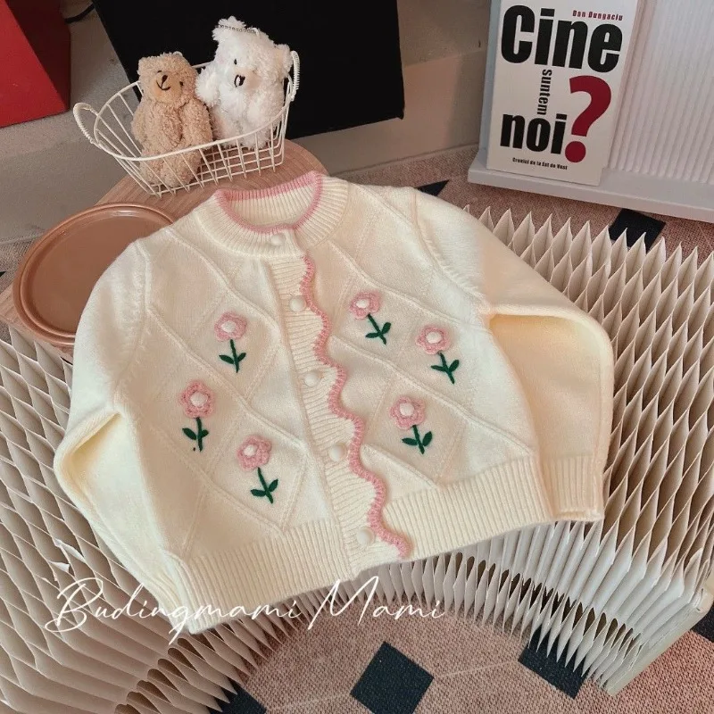 

Girls Embroidered Flower Cardigan Sweater Baby Girl's Autumn Plaid Soft All-Match Knitted Jacket Baby Girl Winter Clothes