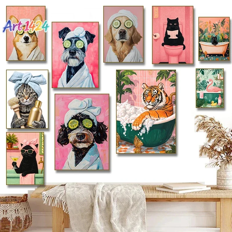 1 Stück rahmenloses Leinwandbild: Katze mit Martini in der Badewanne, schwarze Katze, die auf der Toilette liest, Hund im Spa, Leinwandbild, Druck, Wandkunst.