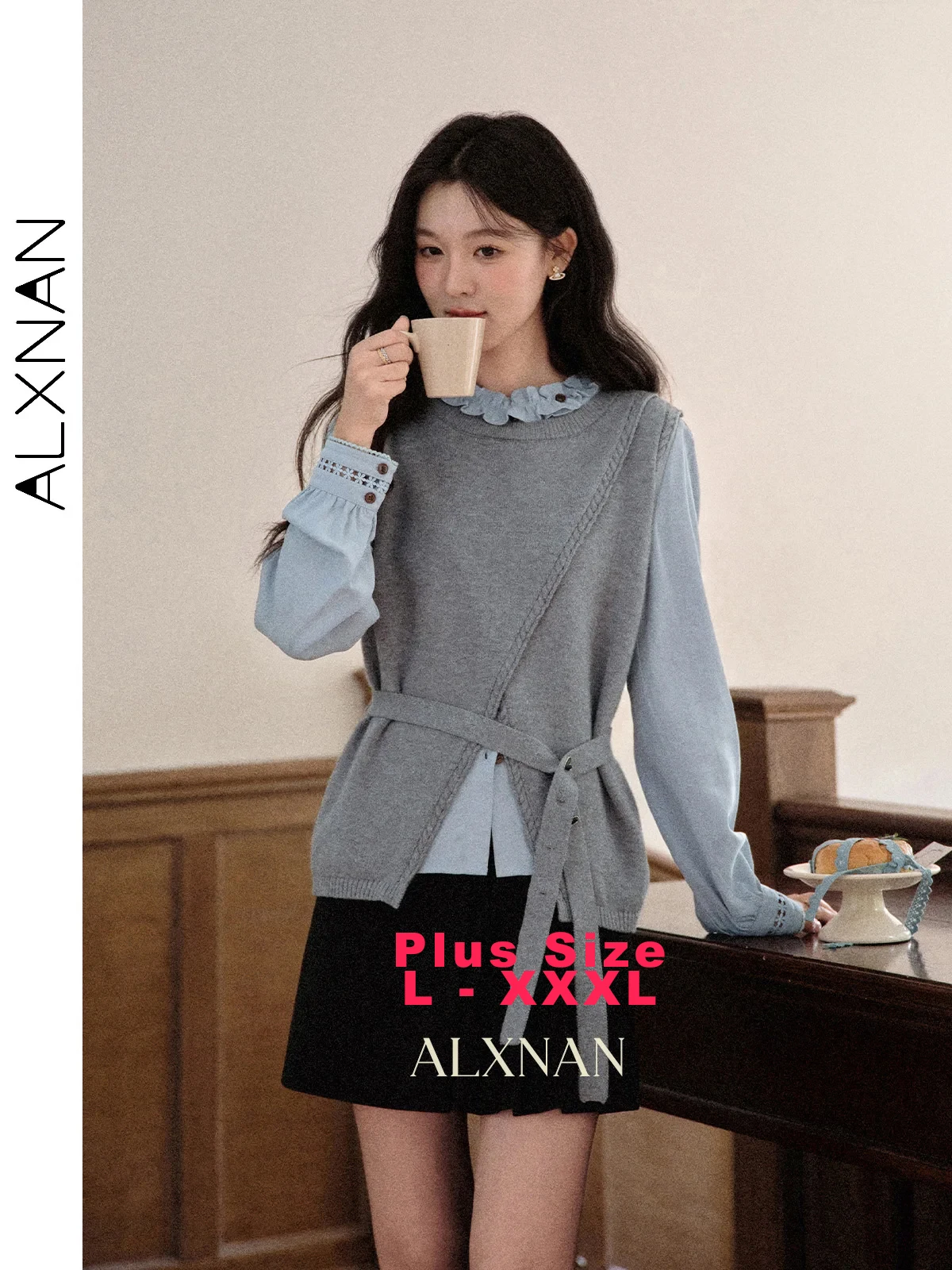 

ALXNAN Plus Size Women's Knitted Vest Floral Grey Round Neck Sleeveless Tops Slit Design Knitted Vests Sold Separately D12825