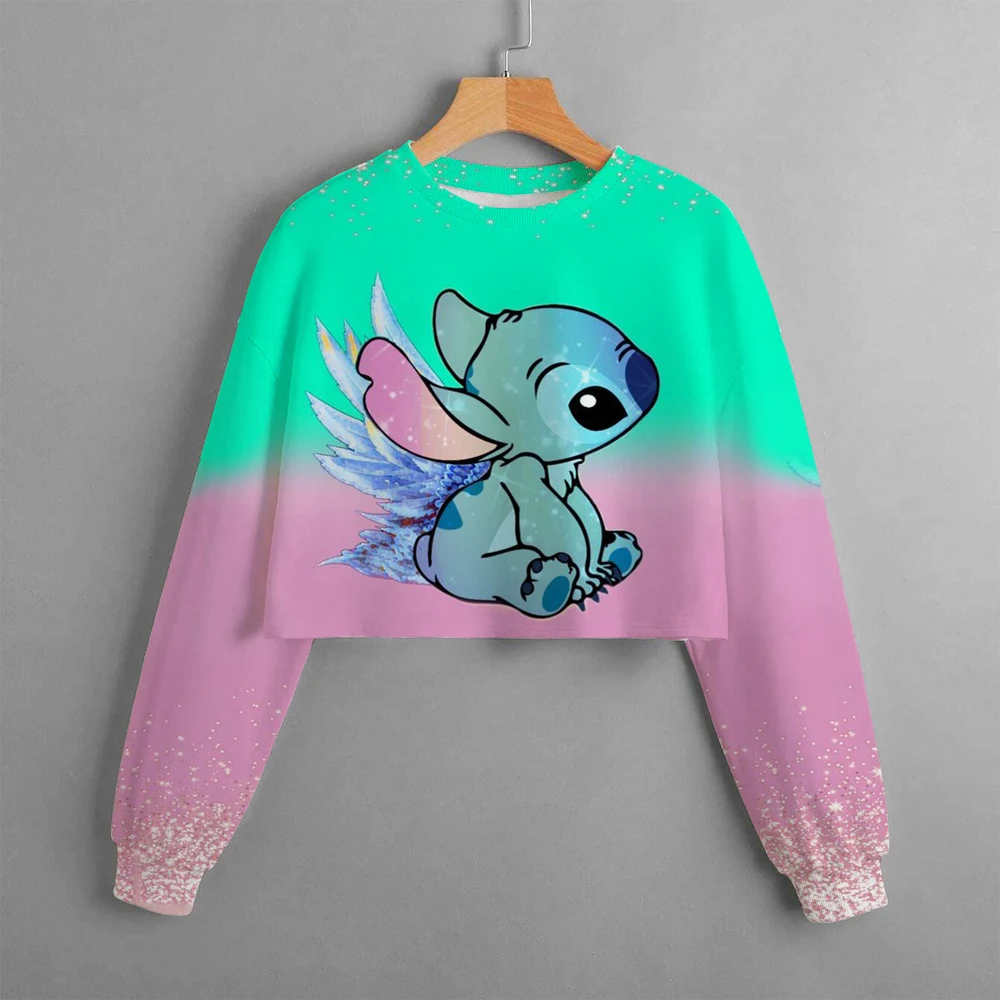 2024 New Girls Hoodie Disney Lilo & Stitch Pattern 3d Printing Cartoon Printing Casual Wear Ultra Short Hoodie Long Sleeve Top