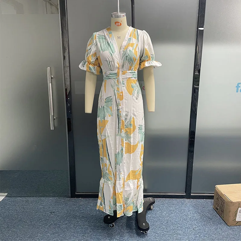 Abiti da donna da donna da ufficio Abiti da spiaggia casual con maniche corte a sbuffo e stampa dritta Abiti eleganti da donna