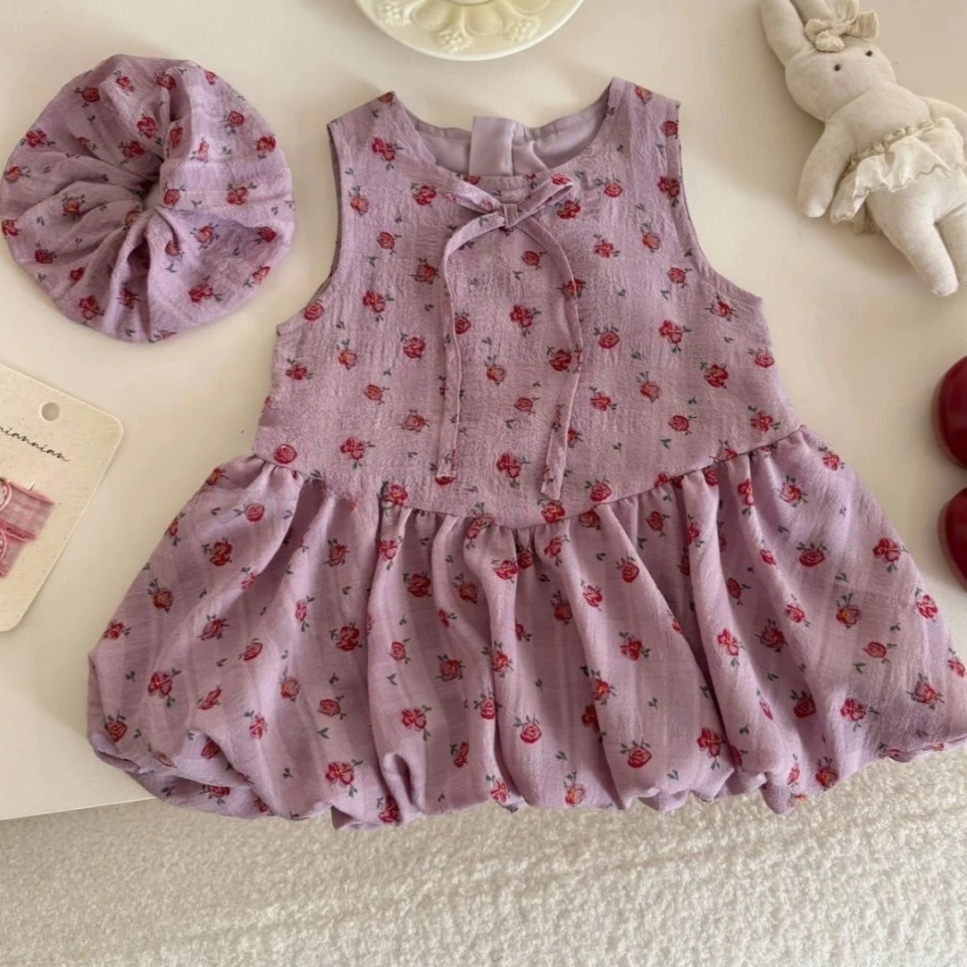 Korean Version Summer New Purple Elegant Round Neck Sleeveless Butterfly Knot Floral Dress for Girls Aged 2-6 Daily Wear
