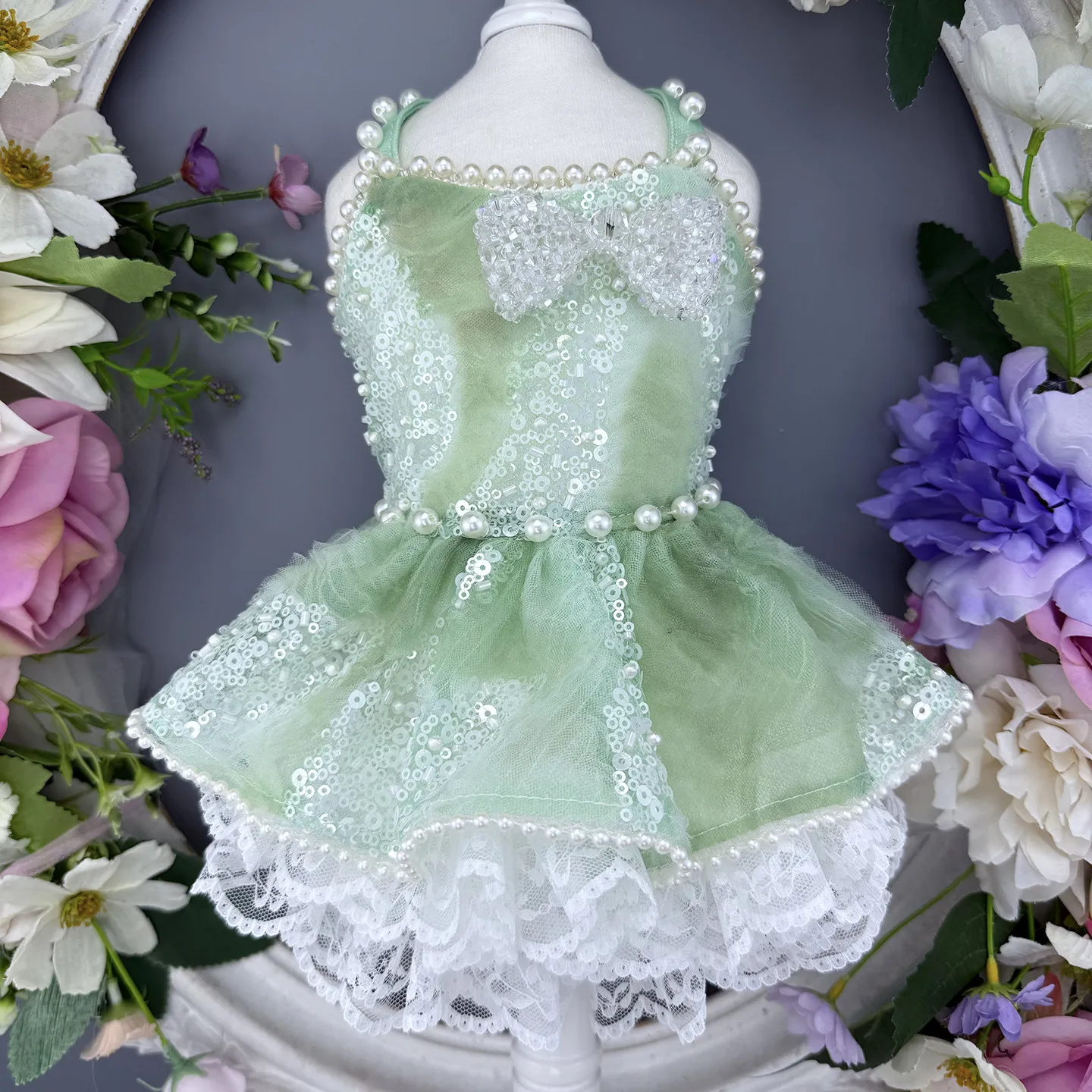 

Handmade Luxury Green Princess Skirt for Dogs And Cats Small to Medium Size Chihuahua Spring Autumn Seasonal Fashion Pet Dress