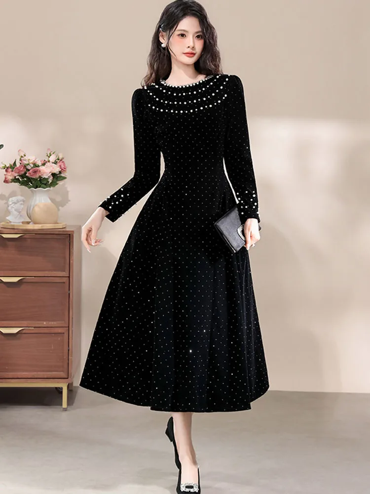Retro elegante feminino vestido de festa à noite veludo brilhante strass pérola vestido de baile primavera moda manga longa vestido de festa