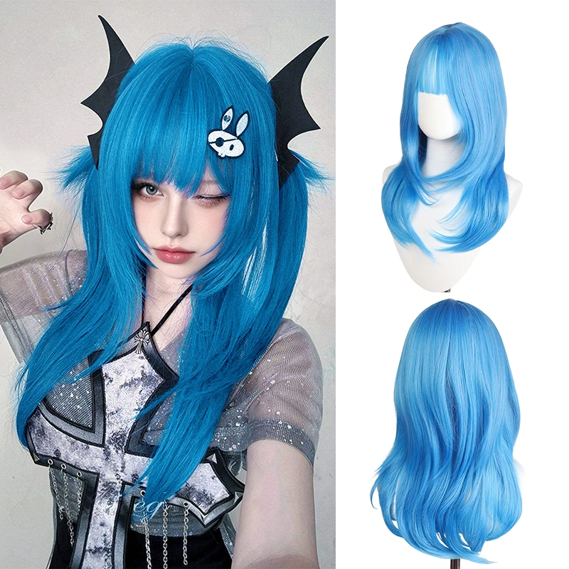 Seeblaue Cosplay-Perücke, volle Kappe, 20 Zoll, atmungsaktives Kunstfaserhaar für Anime-Rollenspiele, Party-Kostüme