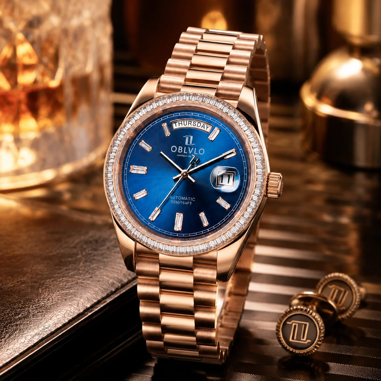 OBLVLO Men's Luxury Blue Dial Automatic Watch Diamond Index Day Date Display Miyota 8215 Mechanical Dress Watch Waterproof