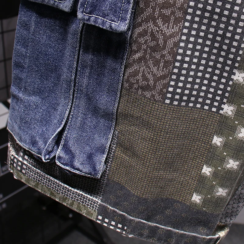 Trendy paisley denim shorts men's summer casual hip hop fashion brand printing fifth pants Street multi-pocket middle pants