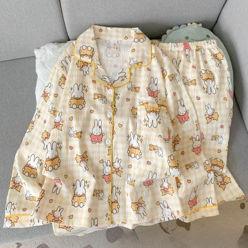 

Корейская хлопковая пижама с принтом кролика Миффи, свободного кроя, весенне-осенняя, с милым мультяшным аниме-дизайном, для дома, незаменимый подарок