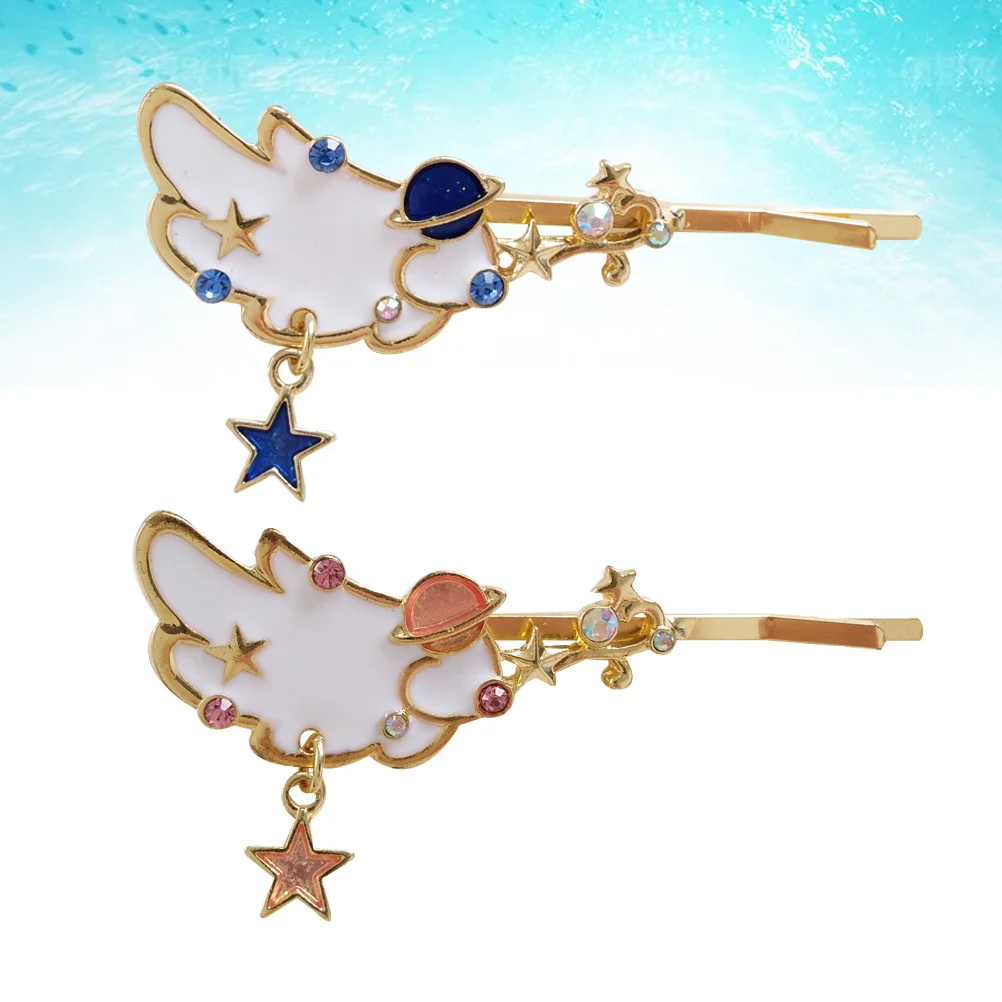 

2Pcs Wing Design Hair Clips Planet Decorated Hairpins Creative Bang Clips Hair Accessories(Random Color)