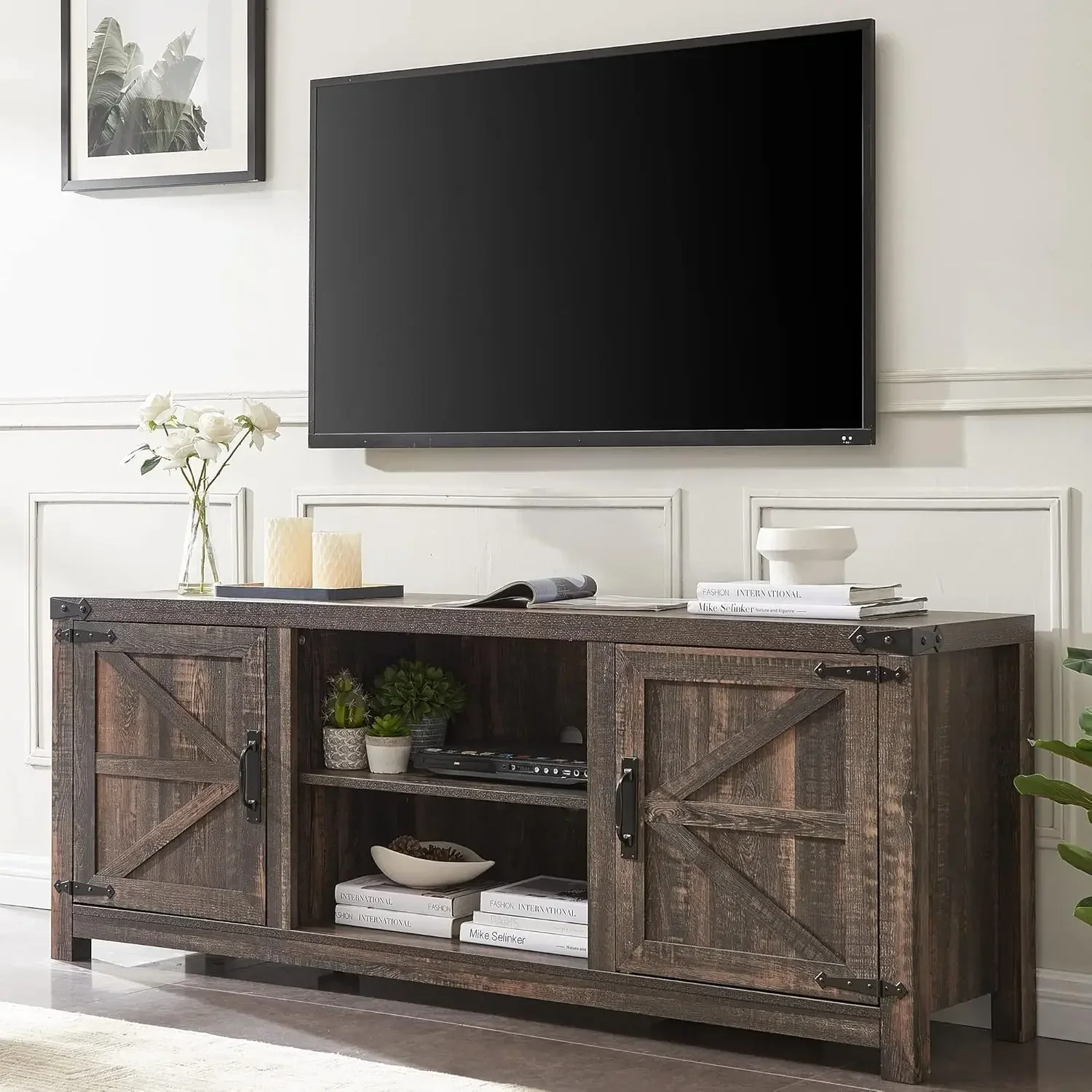 Farmhouse TV Stand for TVs Up to 75 inches, Wood Barn Door Media Television Console Table with Storage Cabinets