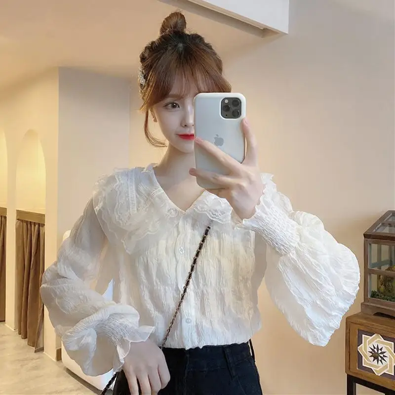 Camisas con pliegues de encaje para mujer, ropa holgada de Color liso con cuello Peter Pan, blusas de manga farol, 2023