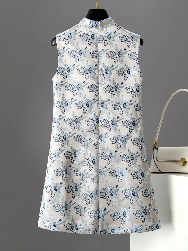 DSFACAIRIJ Vintage Women's Stand Collar Sleeveless Discoid Button Beaded Jacquard Mini Dress Summer Fashion for Females