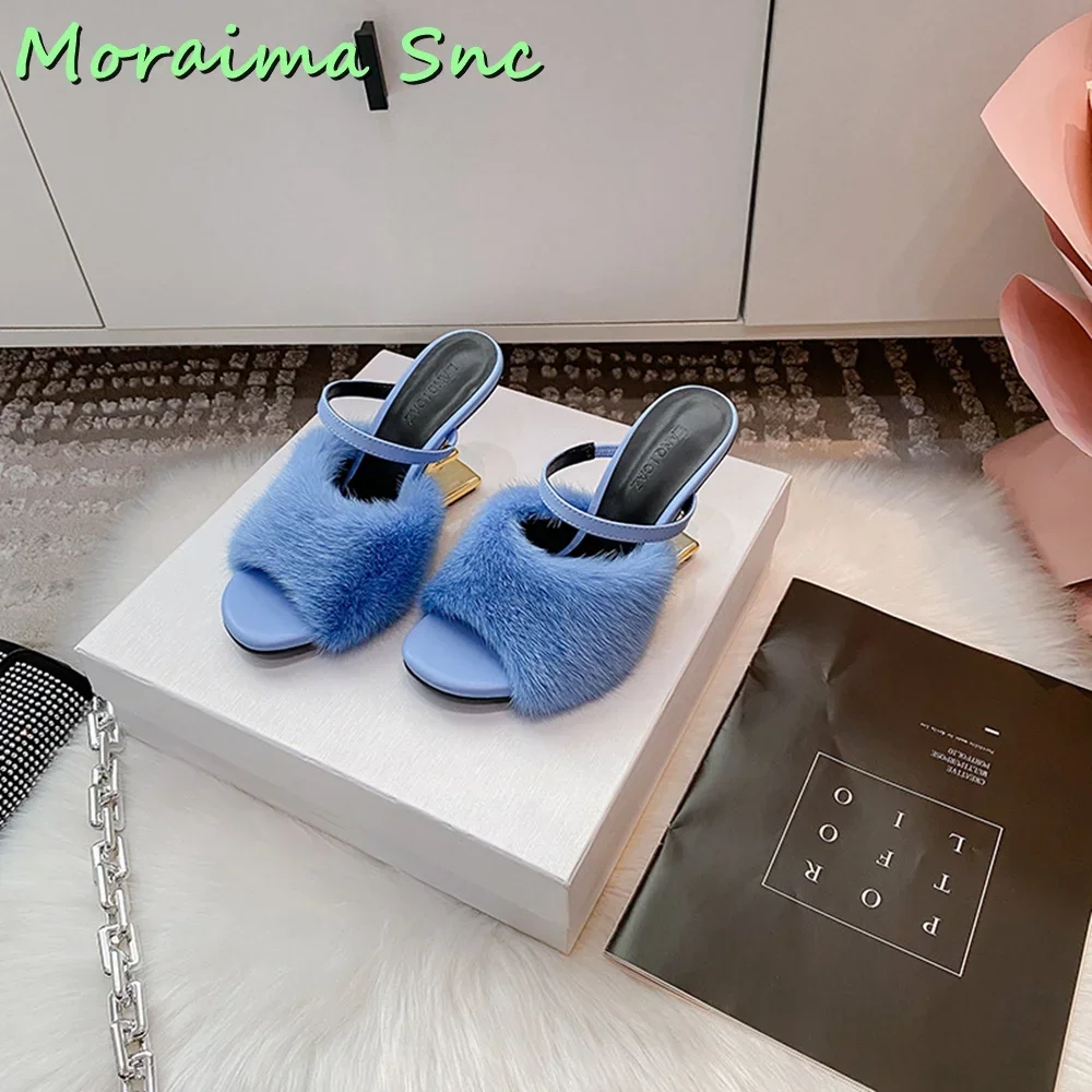 Hairy Fur Strange Heel Slippers Wedge Open Toe Women Shoes Slides Summer Outdoor Pink Solid Sexy Elegant Banquet Fashion Newest