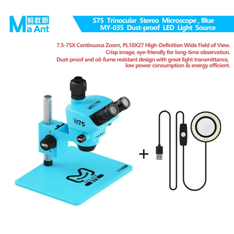 MaAnt Tianyan S75 Trinoculaire Microscoop 7,5X-75X Zoom Industrieel voor Mobiele Telefoon Moederbord PCB Elektronische Lassen Reparatiegereedschap