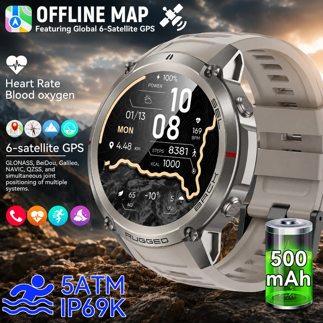 GPS Smart Watch Men 5ATM Waterproof 170+ Sports Watch Offline Map Compass Altimeter AMOLED Bluetooth Call Outdoor Smartwatch Man