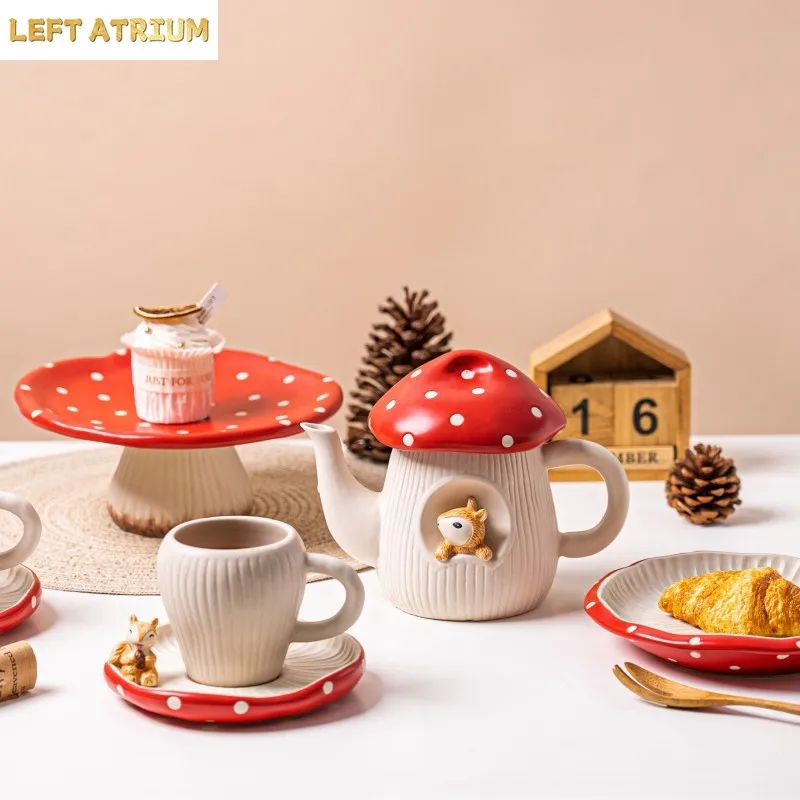Chic Mushroom Ceramic Tableware Sets Contrast Red Color Dot Rice Bowls Salad Plates Dessert Dishes 1.2L Noodle Bowls Dinnerwares view 5