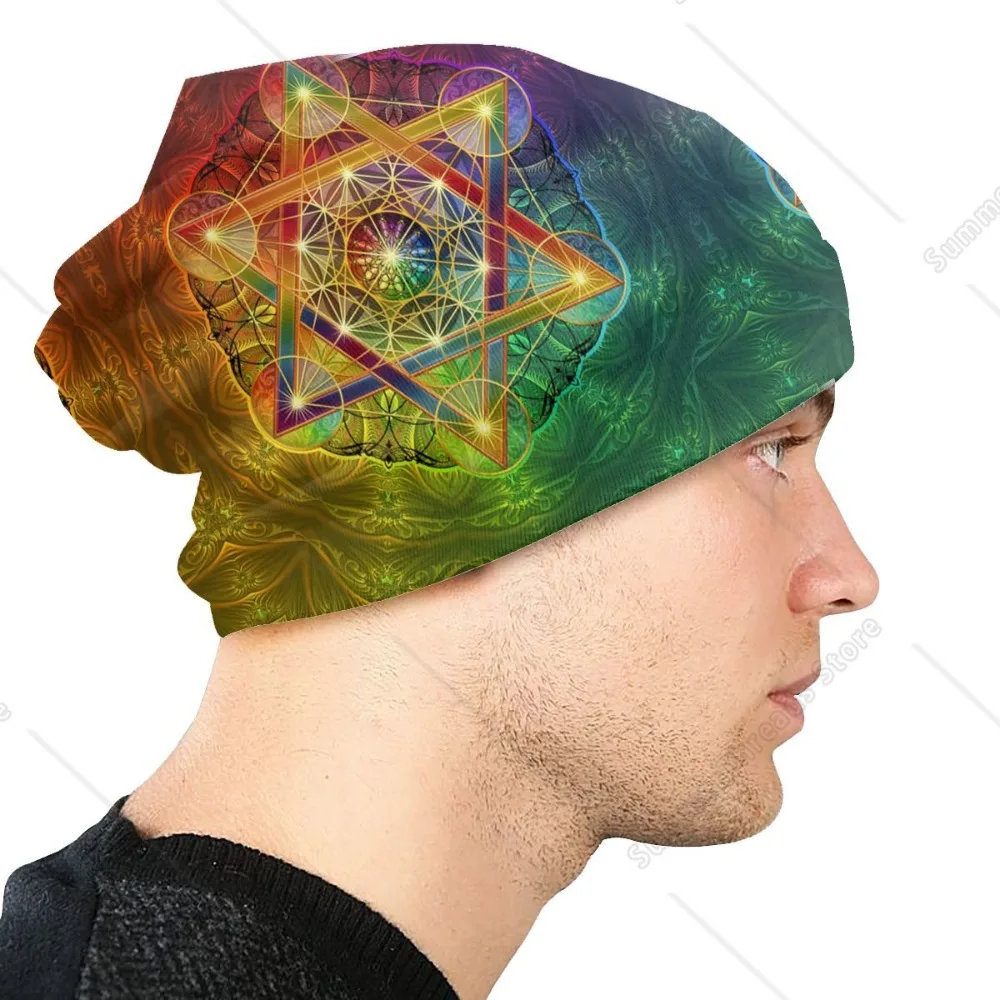 Custom Unisex Bonnet Knitting Hats Metatron's Cube With Merkabah And Flower Of Life Beanie Cap Sacred Geometry Beanies For image 5