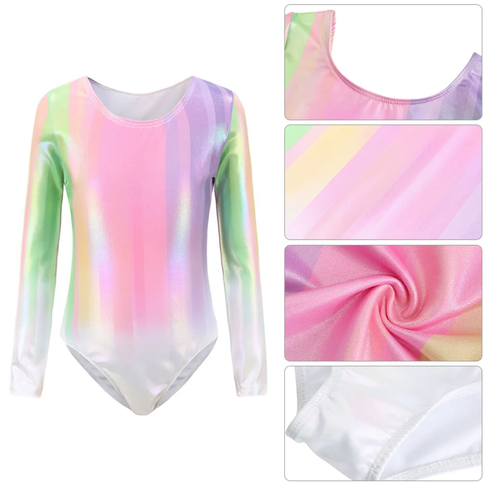 Girls Dance Ballet Leotard Rainbow Gradient Color Gymnastic Suit With Body Shorts Hair Band Long Sleeve Workout Outfits Bodysuit