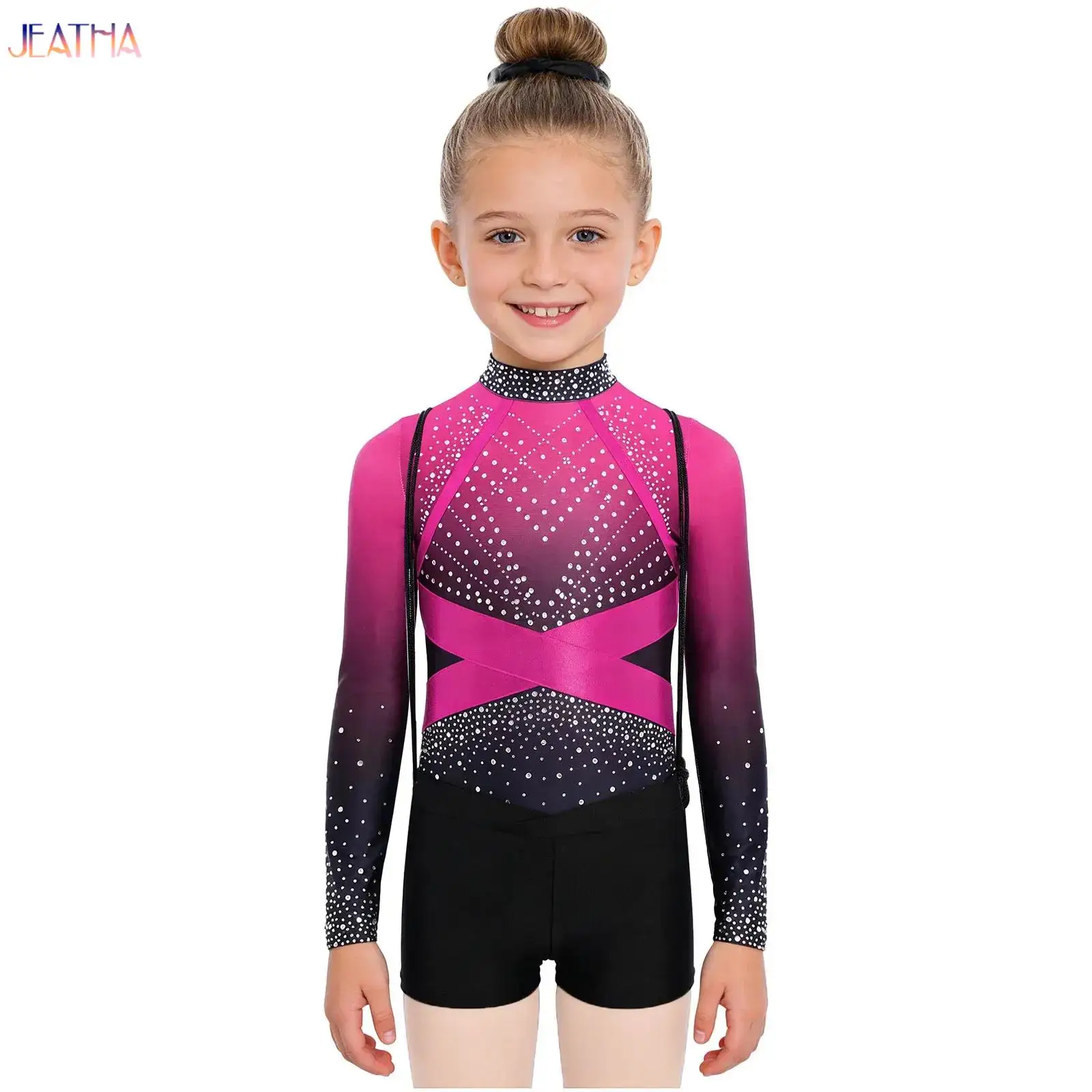 

Sparkling Jazz Latin Dance Leotard for Girls Kids Gymnastics Performance Outfit Sleeveless Leotard+Shorts+Bag Dancewear Sets