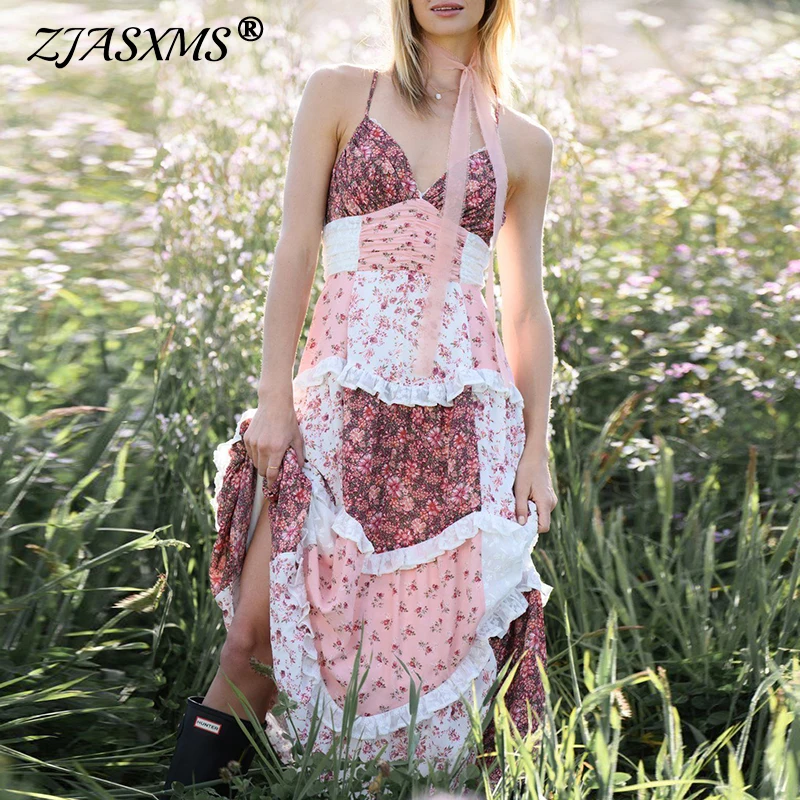 

Woman Vacation Dresses 2025 Spring Floral Print Patchwork Ruffle Pleated Long Dress Summer Deep V Neck Backless Sling Boho Dress