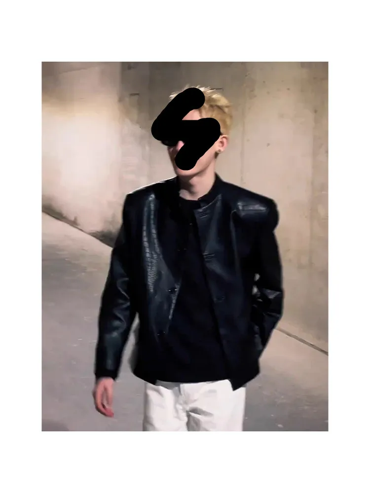 

New Chinese Sle ort Men's Jaet Stand Collar Alligator Pattern Luxury Spring Autumn Casual Faion PU Leather Coat