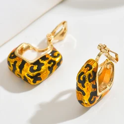 U-Shaped Square Vintage Chunky Hoop Clip on Earrings Non Pierced for Women Enamel Leopard Print Hypoallergenic Trending Jewelry