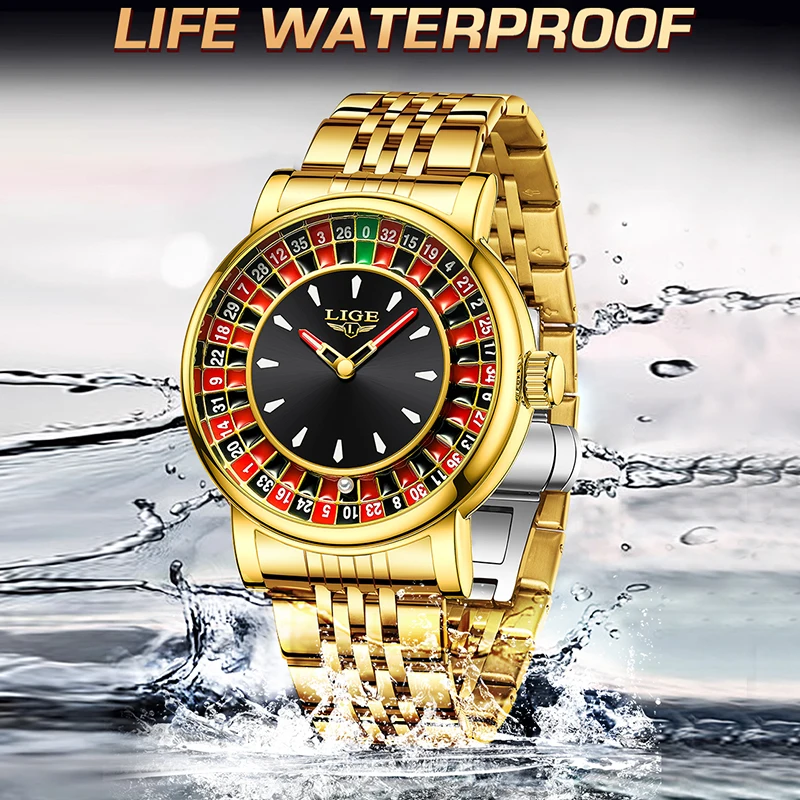 LIGE nuovo orologio al quarzo da uomo in oro moda numeri arabi rotante quadrante da gioco orologio da polso da uomo orologi militari impermeabili per uomo