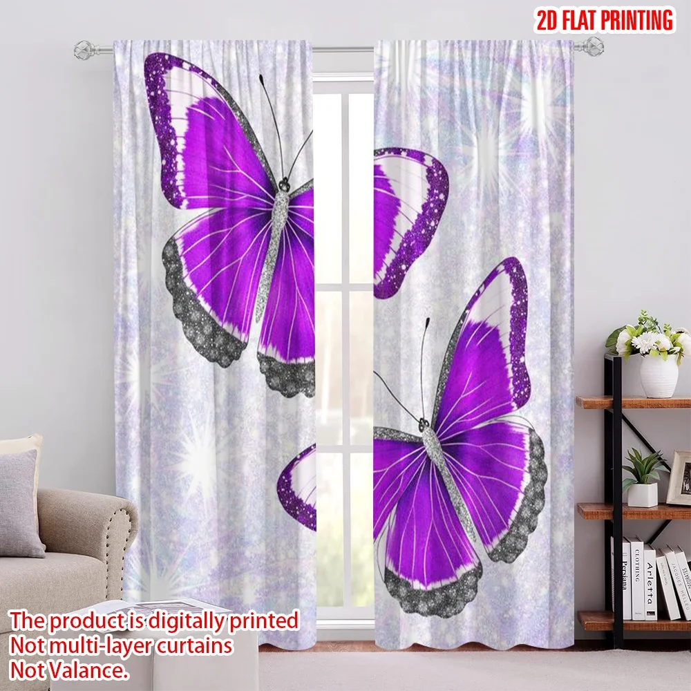 2D flat printing 2pcs Curtain Window Treatment Curtains Purple Butterflies with Sparkles Digital Printed Polyester Drapes