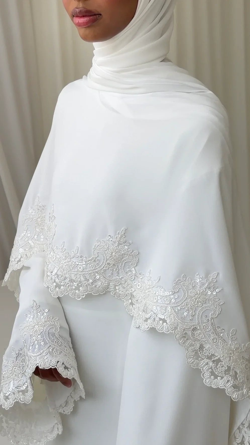 Refined White Muslim Bridal Abaya Set Chiffon Fabric Intricate Lace Decoration Dignified Hijab Modest Wedding Gown Customized