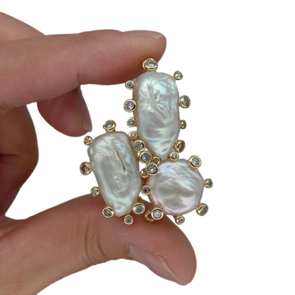Wholesale 5 PCS 25x35mm Cultured White Biwa Coin freshwater Pearl Cz Double Ring Connector For Jewelry Making