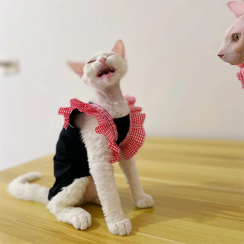 Summer Costume for Kittens Flying Sleeves Cotton Vest for female Cat Black loungewear Devon Rex Soft T-shirt for Cats in Spring