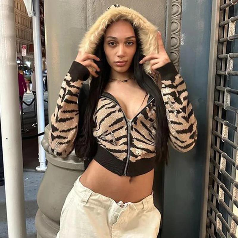 

SUCHCUTE Retro Tiger Stripe Fur Hooded Top Y2k Streetwear Zipper Cardigan Coat Korean Grunge Knitwear Autumn Winter Aesthetie