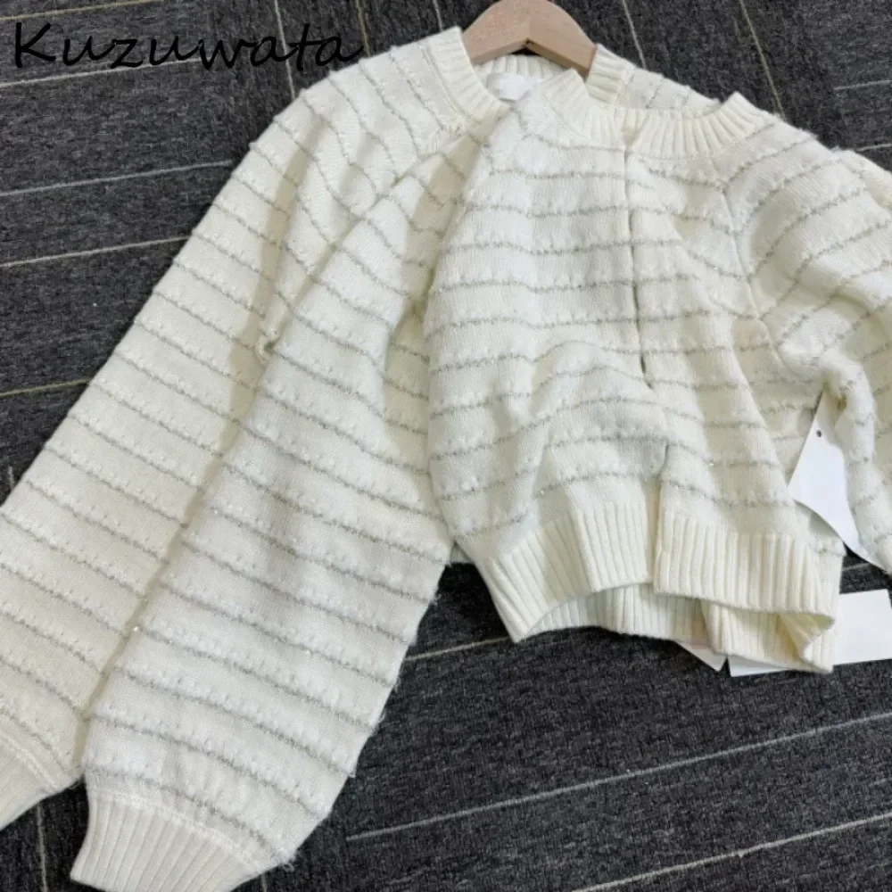 Kuzuwata Minority Small Fellow O Neck Long Sleeve Cardigan Femme Velvet Bow Knit Sweaters Japan Lace Up Stripe Elegant Jumper