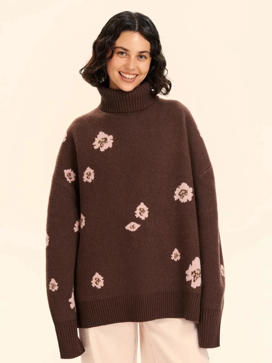 

Fashion Women's New Autumn Winter Turtleneck Sweater Trendy Floral Jacquard Loose Fit Pullovers Base Layer Jumpers