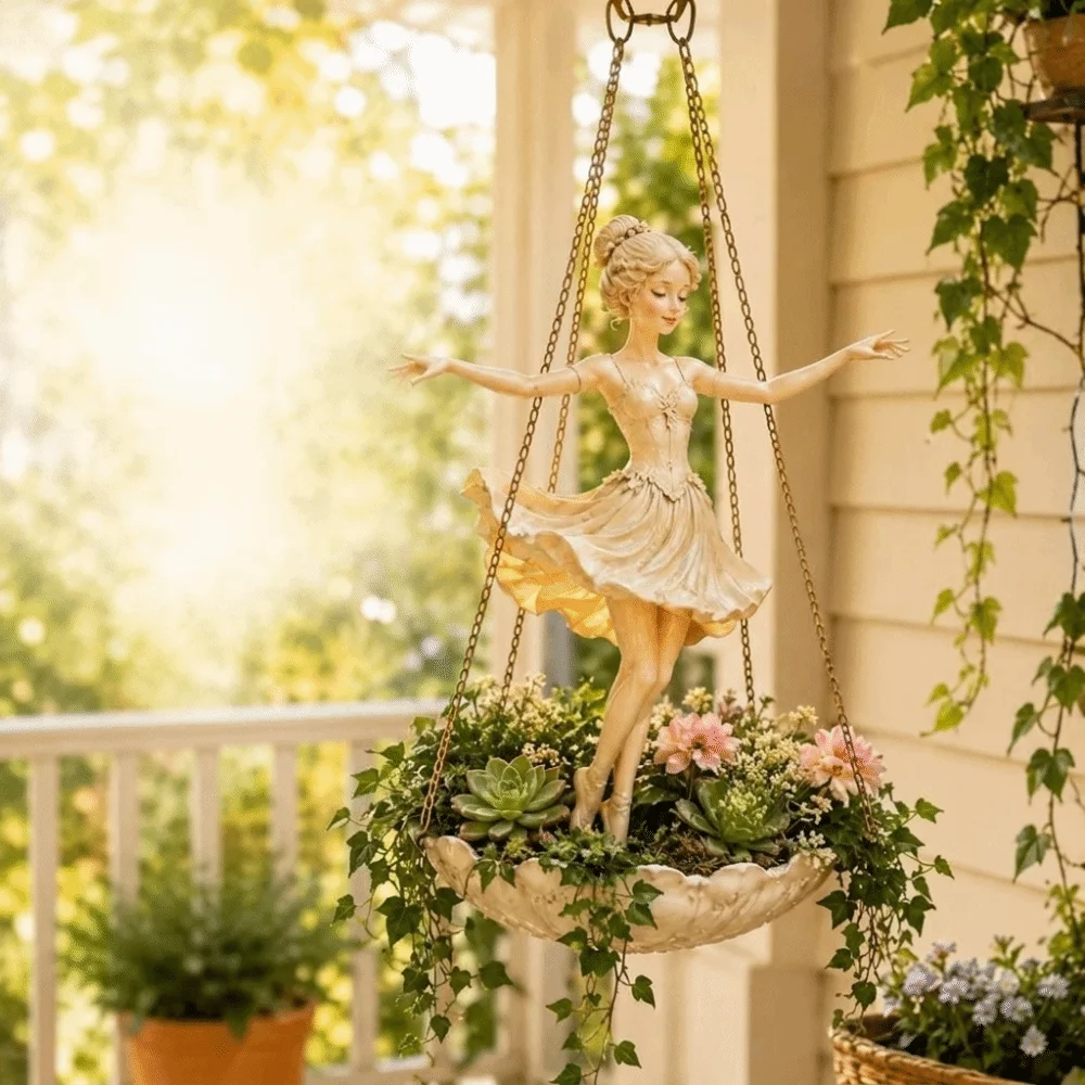 Resin Ballet Dancer Hanging Planter Elegant Vintage Girl Hanging Plant Basket Decorative Statue UV Resistant Fairy Flower Pot