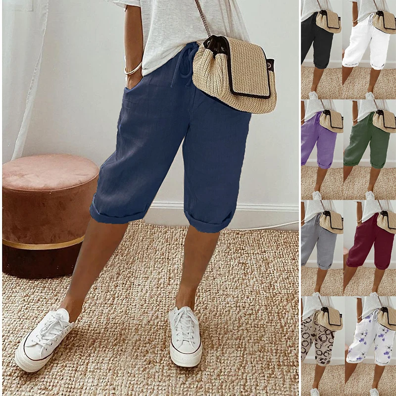 2024 New Women Cotton Shorts Elastic Casual Pants Summer Cool Thin Beachwear Pocket Sweatshorts Loose Female Clothing Leggings