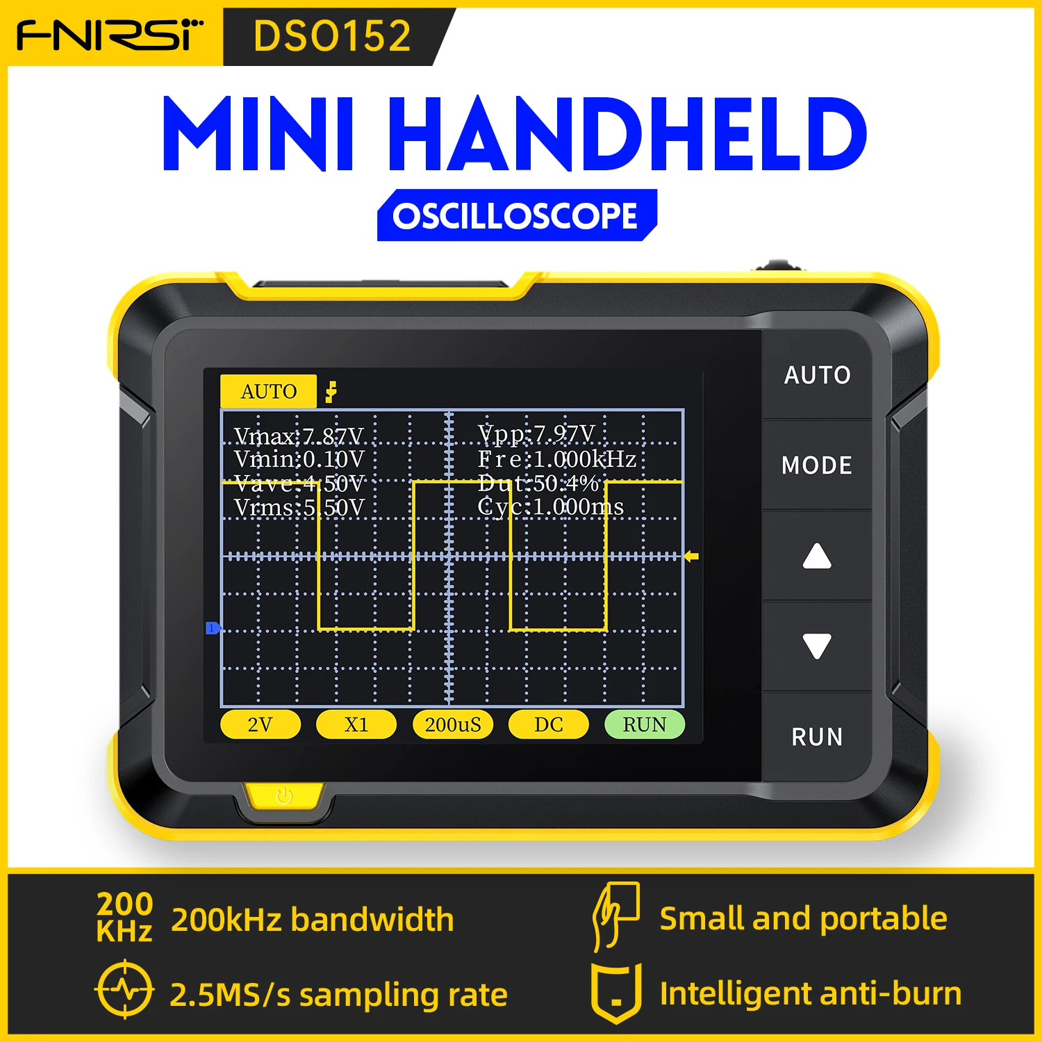 FNIRSI DSO152 Handheld Digital Oscilloscope 2.5MSa/s 200KHz Analog Bandwidth 2.8 Inch AUTO PWM Square Waves Firmware Upgrade