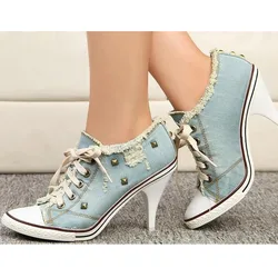 Décolleté in Denim azzurro con lacci stile sportivo scarpe eleganti da Cowboy retrò da donna scarpe uniche femminili tacchi alti con borchie Casual